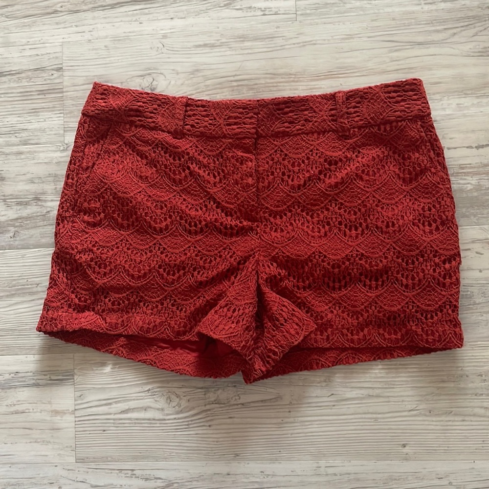 Ann Taylor LOFT burnt orange short shorts with lace detail, size 12